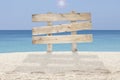 Wooden signboard on tropical beach for summer background. Royalty Free Stock Photo