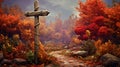 Wooden signpost on a autumn forest path Royalty Free Stock Photo