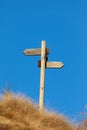 Wooden signpost and blue sky.