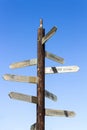 Wooden signpost with distance pointers on the beach in Protaras with blue sky background Royalty Free Stock Photo