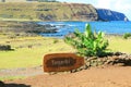 Wooden signpost at the entrance to Ahu Tongariki ceremonial platform on Easter Island, Chile Royalty Free Stock Photo