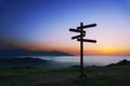 Wooden signpost on mountain