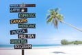 Wooden signpost with name of coffee and soft drink on sand beach over blurred tropical blue sea on day noon light.