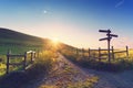 Wooden signpost near a path Royalty Free Stock Photo