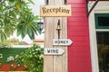 Wooden signpost of reception for hotel with wine and honey