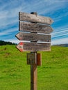 Wooden signposts on a route in the mountain in summer