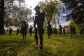 Wooden silhouettes of soldiers to commemorate the centenary of the Royal British Legion in the village of Bacton in Suffolk