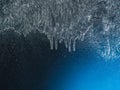 Wooden sill and frozen window. Christmas or New Year background