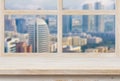 Wooden sill over blurred city view trough window