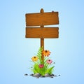 Wooden sing spring season with flowers on blue background