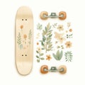 Wooden Skateboard With Beautiful Flower Illustrations