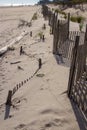 A wooden slated sand fence is partly buried in an ocean beach dune. Royalty Free Stock Photo