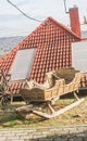 View of Wooden sledges near the wine cellar. Egregy, Heviz, Hungary