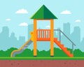 Wooden slide for children in the yard of the house. playground in kindergarten.