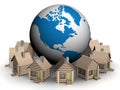 Wooden small houses round globe.