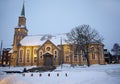 Snow covered Church in Tromso in winter Royalty Free Stock Photo