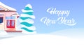 Wooden snow cowered cottage happy new year merry christmas holidays decorations concept snowy fir tree flat horizontal