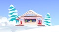 Wooden snow cowered cottage happy new year merry christmas holidays decorations concept snowy fir tree flat