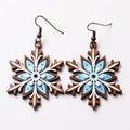 Wooden Snowflake Earrings With Blue Paint - Detailed Design