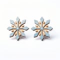 Wooden Snowflake Earrings: Dark Gold And Light Azure, Bold Lines, Dynamic Colors