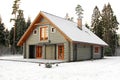 Wooden snowy lodge in forest Royalty Free Stock Photo