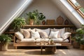 Wooden sofa with beige cushions against shelving unit. Scandinavian interior design of modern stylish living room in attic. Royalty Free Stock Photo