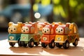 Wooden soft color toy cars with black wheals and cute animal faces. A nature background. Copy space