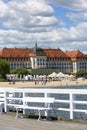 Wooden Sopot pier in sunny day, view of the Grand Hotel, Sopot, Poland