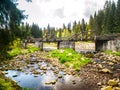 Wooden Soumarsky bridge over Vydra mountain river, Sumava National Park, Czech Republic