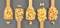 Wooden spatula with pasta of different types penne, farfalle, creste di gallo, chifferi, conchiglie 3d render. Italian