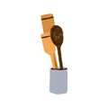 Wooden spatula and spoon in holder. Wood tools, kitchen utensils, kitchenware for cooking and serving. Flat vector