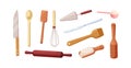 Wooden spatula, whisk, measuring spoon, rolling pin, metal knife, scoop set. Baking tools, kitchen supplies, cooking