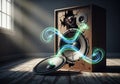 A wooden speaker with a damaged outer shell is positioned on a wooden floor, illuminated by Royalty Free Stock Photo