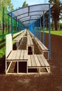 Wooden spectator benches under painted rack metal and plastic canopy near football pitch