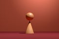 Wooden sphere balancing on a cone. Concept of balance, harmony or stability. Abstract geometrical shapes. 3D render art