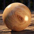 Wooden sphere 3d rendering, spherical shape made of wood on wood background