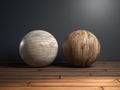 Wooden sphere 3d rendering, spherical shape made of wood on wood background