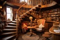 wooden spiral staircase in a cozy library setting