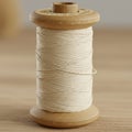 Wooden spool with tightly wound cream-colored thread. The spool features flat, circula Royalty Free Stock Photo