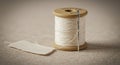 Wooden spool of white thread with a metallic needle embedded in it. The thread runs Royalty Free Stock Photo