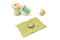 Wooden spools of thread, button and thimble Royalty Free Stock Photo