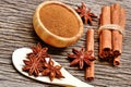 Wooden spoon with anise star and cinnamon powder with sticks on table Royalty Free Stock Photo