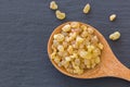Wooden spoon of Aromatic yellow resin gum from Sudanese Frankincense tree, incense made of Boswellia sacra tree Royalty Free Stock Photo