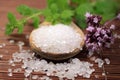 Wooden spoon with bath salt Royalty Free Stock Photo