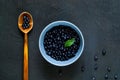 wooden spoon and bilberry in blue bowl, the concept of organic berries on dark background. Berry picking, copy space, closeup