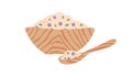 Wooden spoon and bowl full of organic pink sea salt with leaves and flowers for aromatherapy, spa and wellness treatment