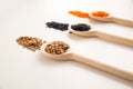 A wooden spoon with brown lentils close-up, in the background are two spoons with black and orange lentils out of focus. White Royalty Free Stock Photo