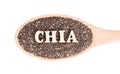 Wooden spoon with chia seeds and CHIA lettering on top Royalty Free Stock Photo