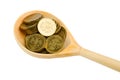 Wooden spoon with coins Royalty Free Stock Photo