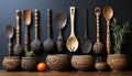 Wooden spoon collection adorns rustic kitchen table, a decorative set generated by AI Royalty Free Stock Photo